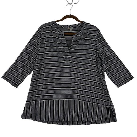 T by Talbots Knit Blouse Top Size 2X Petite Black White Stripe Elbow Sleeve Tee - Picture 1 of 10